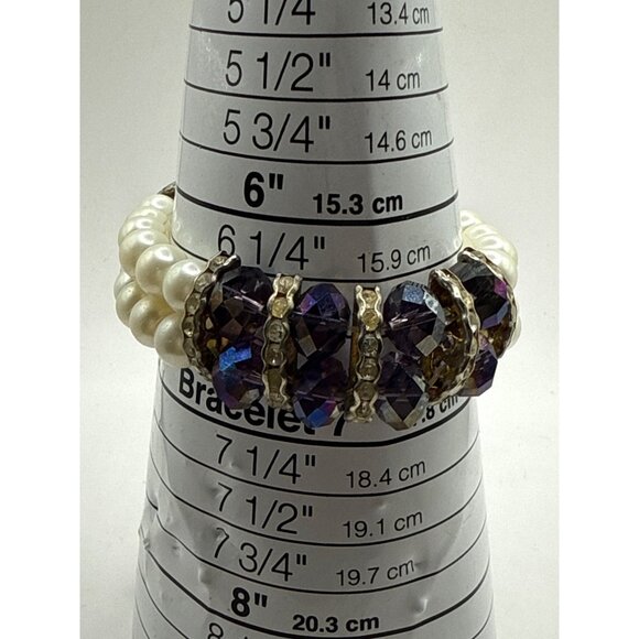 Vintage Faux Pear Purple Bead Stretch Bracelet Double-Strand Rhinestone Accents - Picture 2 of 5